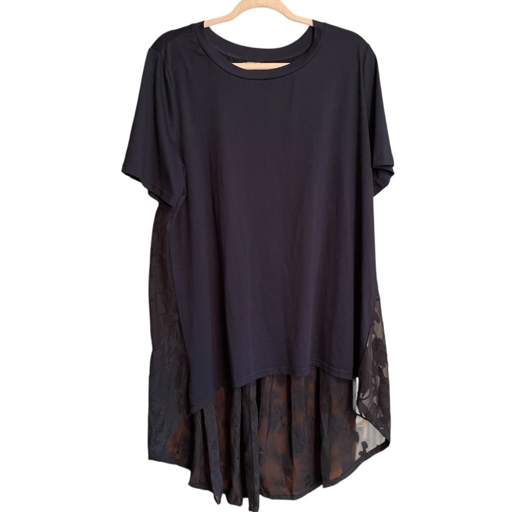 BloomChic Navy Top-Shorter in front-Sheer Floral Back-Pleated-Size 14-16